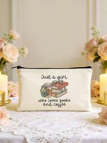 1/5pcs Floral & Book Reading Themed Canvas Zipper Storage Bags Set, Creative "You're Awesome" Motivational Gift, Suitable For Back To School, Graduation, Travel, Birthday, Anniversary, Teacher's Day, Appreciation Gifts For Classmates, Friends, Students And Teachers Makeup Bag - Beige - View 24