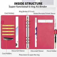 Toplive A5 Notebook Binder Refillable Binder, PU Leather Planner Organizer Cover With Magnetic Closure For A5 Filler Loose Leaf Paper, Laser Rose Red - 雷射粉 - 查看 5