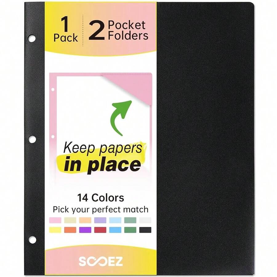 Sooez 2-Pocket Folders, Plastic Folders With Pockets 3 Hole Punched, 1 Pack Pockets Folder For 3 Ring Binder With Labels, Heavy Duty Binder Folder For Document, Letter Size File Folder,Black - Black - View 1