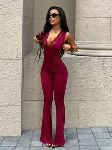 女士V领蕾丝边连体裤，通勤装，夏季，情人节优雅之选 - 酒紅色 - 查看 2