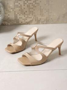 1双青少年米色方头休闲高跟凉鞋，镂空套穿设计，适合日常穿着 - 卡其色 - 查看 5