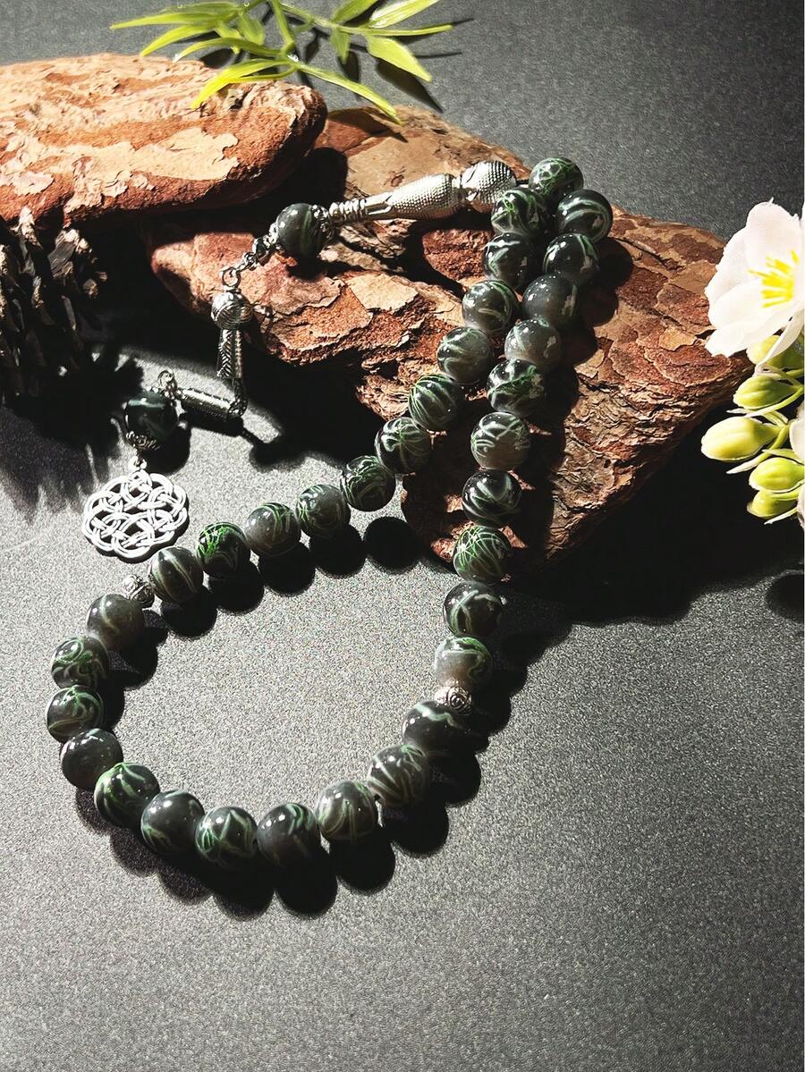 1pc 33 Beads Green Glass Tasbih Pendant, Portable For Dhikr & Prayer, Religious Accessory - Multicolor - View 1