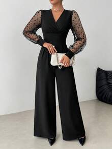 Elegant Black V-Neck Long Sleeve Straight Leg Sheer Mesh Panel Jumpsuit, Rivet Accents, Machine Washable For Sophisticated Style