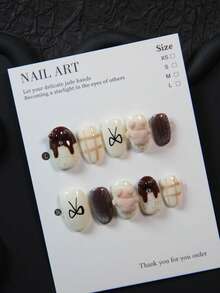 10pcs Handmade Almond-Shaped Nail Art Stickers, Acrylic Nail Decals With 3D Bear, Butterfly, Asymmetrical Line Designs, Suitable For Women & Girls, Party, Wedding, Daily Wear, DIY Manicure, Includes Tool Kit. Handmade Nail Stickers. False Nails. Nail Art Supplies - Chocolate Brown - View 12