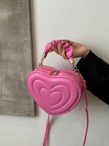 New Stylish Crease Simple Heart-Shaped Cute Solid Color Pleated Handbag, Shoulder Bag, Crossbody Bag For Shopping - Pink - View 6