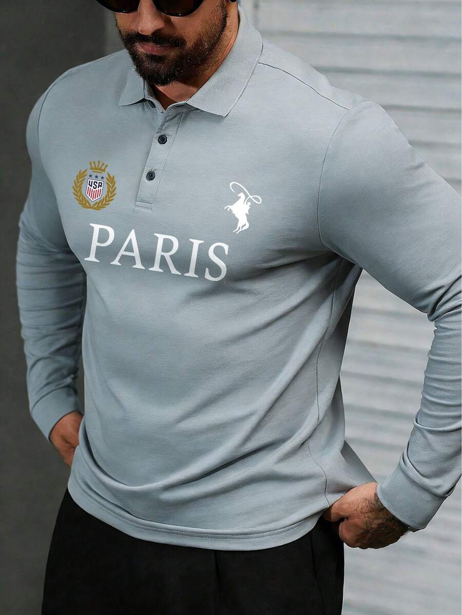 Men's Fashion Long Sleeve Paris Letter Print Polo Shirt, Casual Sports Polo Collar T-Shirt, Lightweight Business Wear, Autumn - Grey - View 1