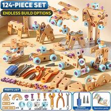 124/126pcs Boys DIY Assembly Construction Toy Set, Includes Electric Screwdriver, Screws, Washers, Wheels And Tools, Can Assemble Into Robot/Car/Airplane, Suitable For 3-8 Years Old Children, STEM Learning Toy