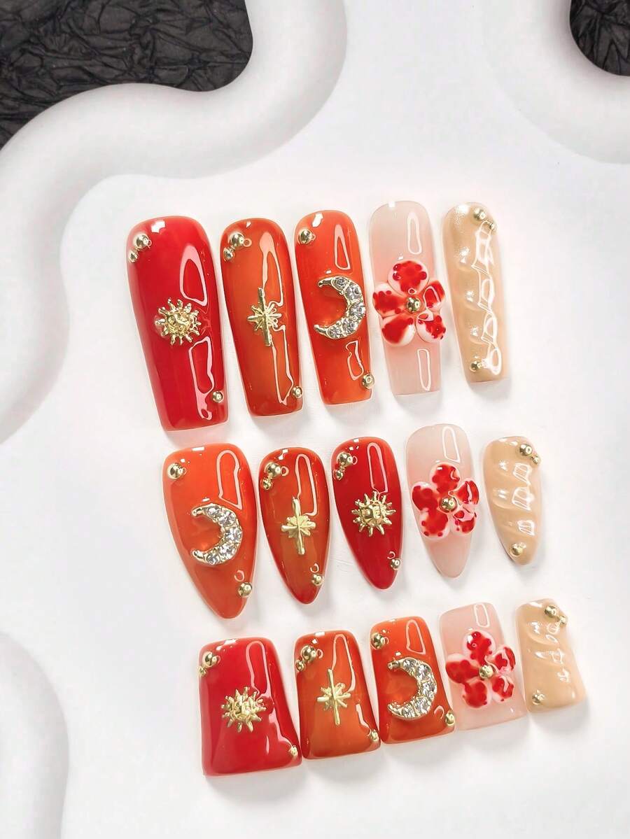 10件套琥珀风主题美甲凝胶套装，包含亚克力按压式美甲贴纸、金色太阳星空美甲装饰、手绘五瓣红色雕塑花、金边银色水钻月亮设计、纯色水波纹美甲装饰、红色和黄色指甲油，以及美甲工具。 - 彩色 - 查看 1