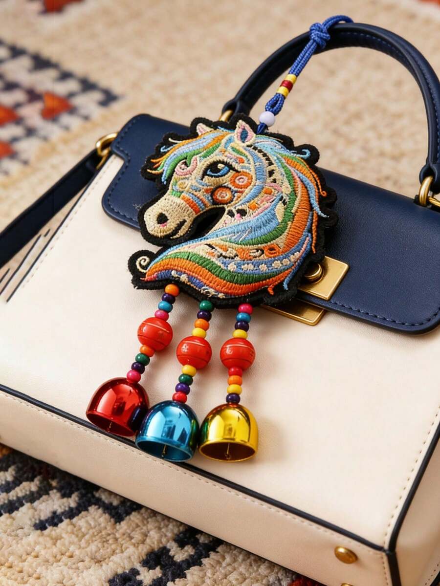 1pc Versatile 2026 Zodiac Embroidered 3D Tassel Bell Horse Shaped Keychain, Fashionable Bag Charm, Perfect Gift For Lover, Friend, Colleague, Partner, Birthday Gift