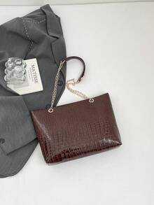 鳄鱼纹大容量手提包，女士大容量时尚链条单肩包，新款时尚腋下包，复古女士托特包 - 咖啡 - 查看 6