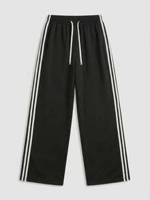 女士直筒运动裤，侧边条纹撞色设计，高腰弹力腰带，休闲运动风，适合健身、休闲和日常穿着，黑色 - 黑色 - 查看 6