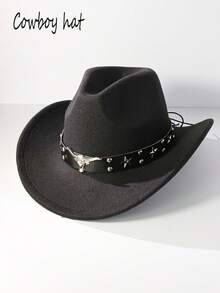 1pc Men's And Women's Western Cowboy Hat, Classic Wide-Brimmed Cowboy Hat, Black Five-Pointed Star Belt And Silver Cow Head Decoration. Suitable For Daily Wear And Outdoor Gatherings, Parties, Music Festivals, Wedding Season, Back-To-School Season, Valentine's Day. Men's Cowboy Hat, Women's Cowboy Hat