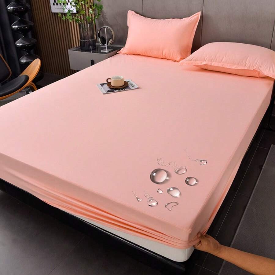 1pc Excellent TPU Waterproof Fitted Sheet, Simple TPU Polyester Fiber, Rectangular, Waterproof, Anti-Slip, Single Piece Bedsheet, Suitable For All Seasons - Watermelon Pink - View 1