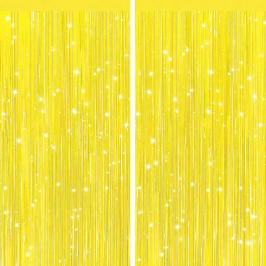 GCB 2Pack Macaron Yellow Metallic Tinsel Foil Fringe Curtains, Door Streamers Photo Booth Backdrop For Birthday Party, Tinsel Curtain Backdrop For Ba By Shower Bachelorette Christmas Party Decorations - Yellow - View 1