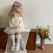 双层蕾丝蝴蝶结可爱女童/儿童/幼儿过膝袜 - 白色 - 查看 1