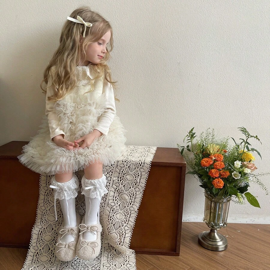 双层蕾丝蝴蝶结可爱女童/儿童/幼儿过膝袜 - 白色 - 查看 1