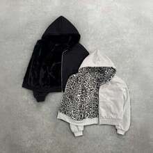Reversible Hoodie, New Autumn And Winter Hoodie, Double-Sided Leopard Print Zipper Hoodie, Loose Personality Top  Casual    Polyester    Zipper  Pocket    Daily    Four Seasons - 白色 - 查看 3