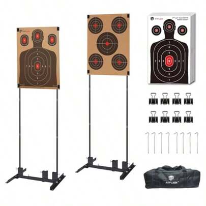 1qOKbCQi Atflbox Shooting Target Stand With 10pcs 17x25 Inch Paper Targets Durable Paper Target Holder With Stable Adjustable Base For Cardboard Silhouette H Shape USPSA/IPSC IDPA Practice