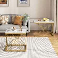 Stylish 2-Piece Coffee Table Set, Square Tables In 60*60*45cm & 45*45*40cm, High-Gloss Marble Look, Height-Adjustable Feet, Load Capacity Up To 30kg, High-Gloss Combination Coffee Table - Gold - View 5