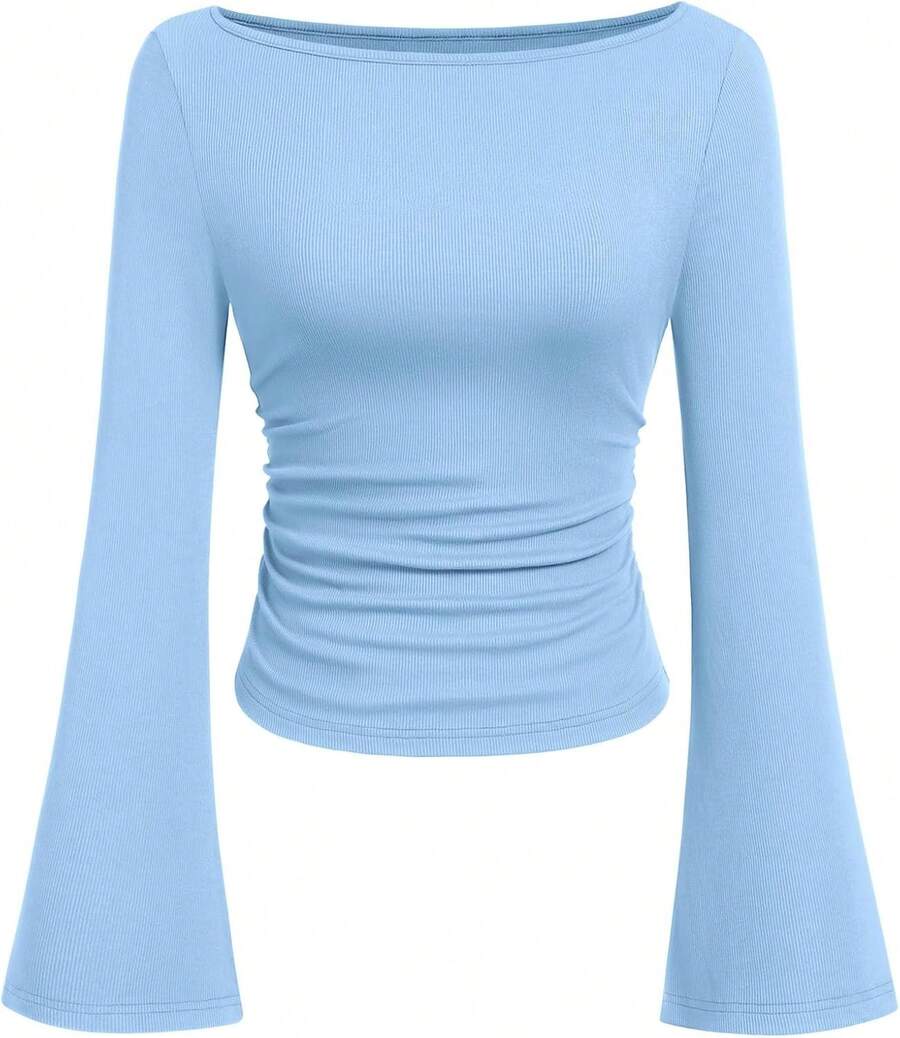 Womens Long Sleeve Shirts 2026 Spring Crop Going Out Tops Casual Boat Neck Sleeve Ribbed Ruched Y2K Clothes - Sky Blue - View 1