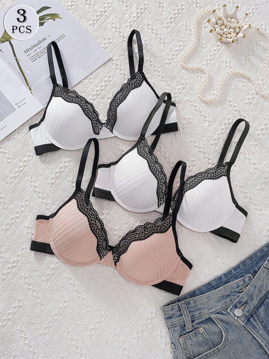 3 قطع من حمالات الصدر ذات التباين الأبيض والأسود مع تصميم الدانتيل والأسلاك، قابلة للتعديل، أنيقة وجذابة - متعدد الألوان - مشاهدة 1