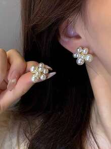 5对复古方形花朵仿珍珠耳钉，甜美小众简约百搭耳环套装 - 彩色 - 查看 3