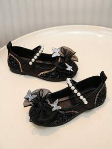 1 Pair Girls' Multi-Color Butterfly Rhinestone Shoes, Pearl Decor Princess Soft Bottom Shoes, Spring/Summer, Birthday Party, School Performance, Ethereal & Gentle Casual Shoes - Black - View 3