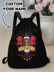 1pc Customized Name & Cartoon Football Pattern Drawstring Backpack With Pockets, Personalized Back To School Gift, Suitable For Children And Teenagers - Multicolor - View 11