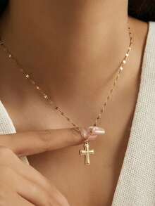 1pc Stainless Steel Waterproof Vintage Floral Cross Necklace, Suitable For Women's Daily Wear - Gold - View 4