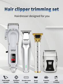 男士电动理发器套装（4件套/2件套/1件套），USB充电式理容套装，包含理发器、电动剃须刀、雕刻剪刀，多功能男士理发及胡须护理套装，多种配件，礼盒包装，理想的节日礼物 - 銀色 - 查看 2