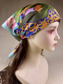 1件装女士热带树叶豹纹印花优雅丝巾，缎面领巾发饰 - 彩色 - 查看 3