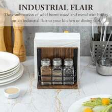 CYPNMyGift - Serviletero con 3 vidrio especieros incluye salero y pimentero incluye espacio para oros condimentos en madera maciza y tiene un diseño industrial con alambre en color negroFashion - 223616060 - Ver 4