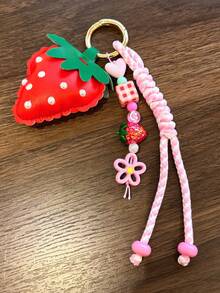 1件女士手工编织草莓心形皮革钥匙扣吊坠，粉色包包挂饰 - 彩色 - 查看 6