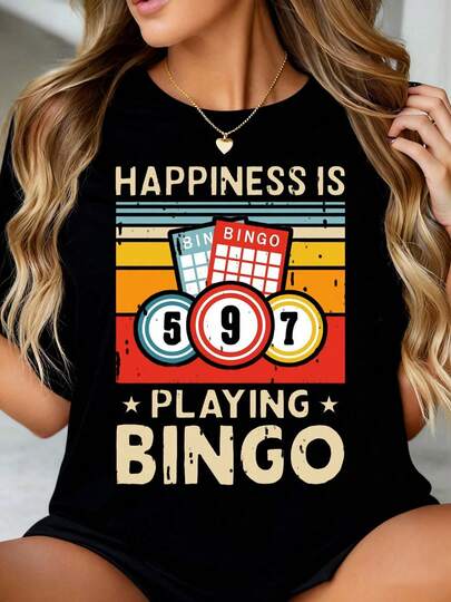Happiness Is Playing Bingo Vintage Retro T-Shirt With Bingo Cards And Numbers 5-9-7 Design For Women And Men Fun Casual
