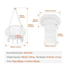 KOMHTOM Outdoor Makramee Schaukelsessel mit Sitz- und Rückenpolster aus PP-Baumwolle, Hängemattenstuhl mit stabiler Kette und Karabinern, für Zuhause Schlafzimmer Terrasse Deck Garten Innenraum Ins Stil gefranster Hängestuhl. Hängematte bis zu 150 kg, beige