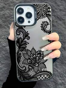 1pc Black Lace Pattern Personalized TPU Shockproof Phone Case Compatible With Apple 17, 16, 15, 14, 13, 12, 11 Pro Max, And Series