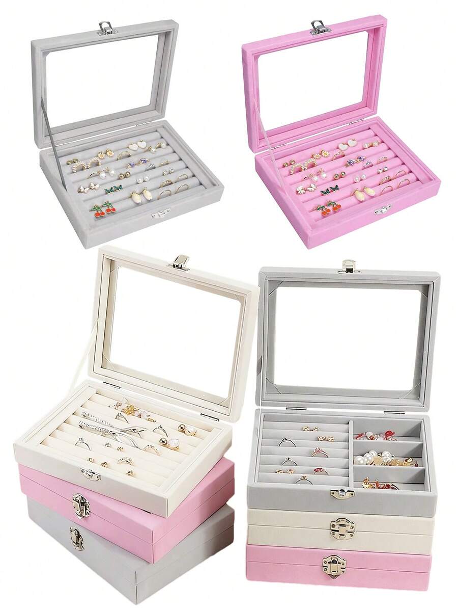 1pc Velvet Jewelry Ring Display Stand, Ring Earring Jewelry Storage Box, Necklace Tray Display Case, Jewelry Organizer Box - Jewelry Box - View 1