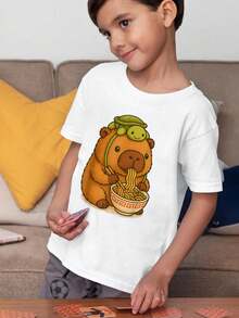 Soft Breathable Capybara Anime Ramen Turtle Funny Graphic Kawaii Capibara T-Shirt For Kids | Boys & Girls Graphic Tee - Round Neck Shirt For Early Elementary - Birthday Party Outfit Or Everyday Play Clothes - Easy-Care Parent-Favorite Apparel, Kids Casual Wear, Vibrant Kids Fashion, Comfortable Top, Playful Design, Lightweight Clothing, Short Sleeve Tee - 白色 - 查看 2