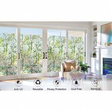 彩色玻璃窗膜、隐私膜、彩虹窗膜 - 装饰静电吸附膜、树叶彩虹窗膜、彩色玻璃窗膜、紫外线阻隔隔热膜、绿叶彩色玻璃效果、可重复使用的浴室窗户装饰膜 - 彩色 - 查看 10