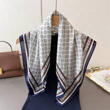 1pc 70*70cm Square Silk Scarf, Women's Satin Printed Headscarf, Fashion Ladies Neckerchief, Shawl, Scarf - Black and Gray - View 2
