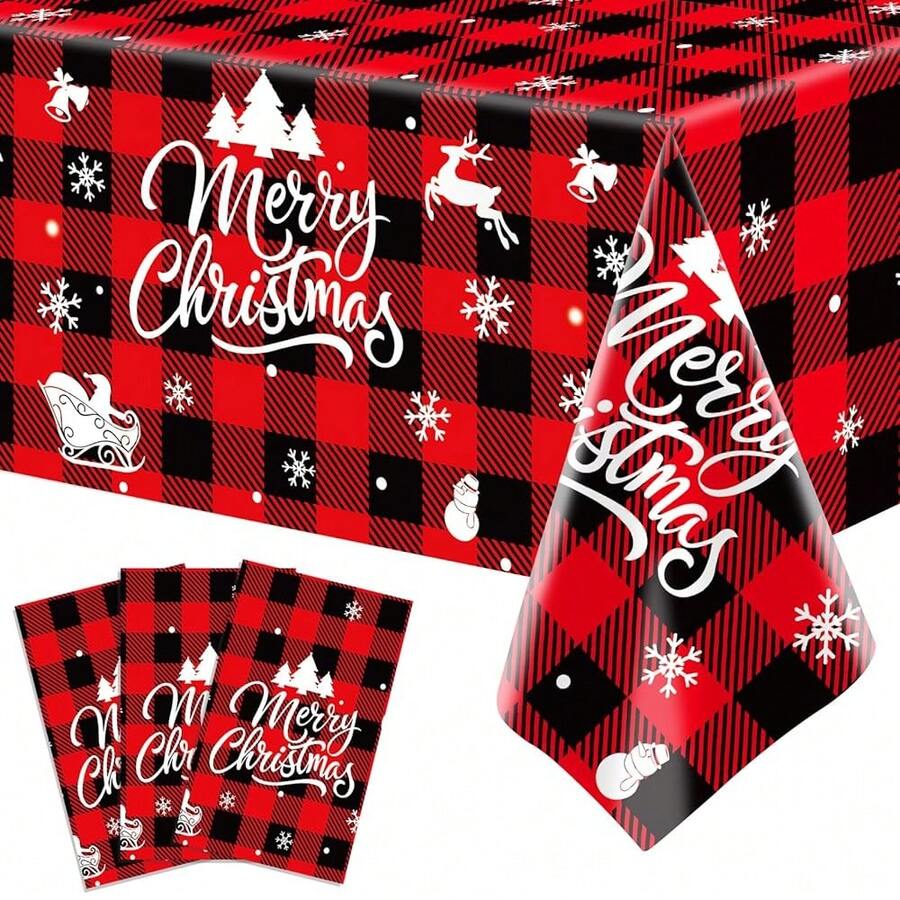 3-Piece 54 X 108 Inch Merry Christmas Plastic Tablecloth - Red And Green Design With Christmas Tree Holiday Decorations, Disposable Rectangle Table Cover For Xmas Party Supplies, Indoor Outdoor Decor - 聖誕節 - 查看 1