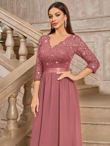 MIUSOL Elegant V-Neck Sequin Floral Lace Ruffle Chiffon 3/4 Sleeve Maxi Evening Dress - Dusty Pink - View 9