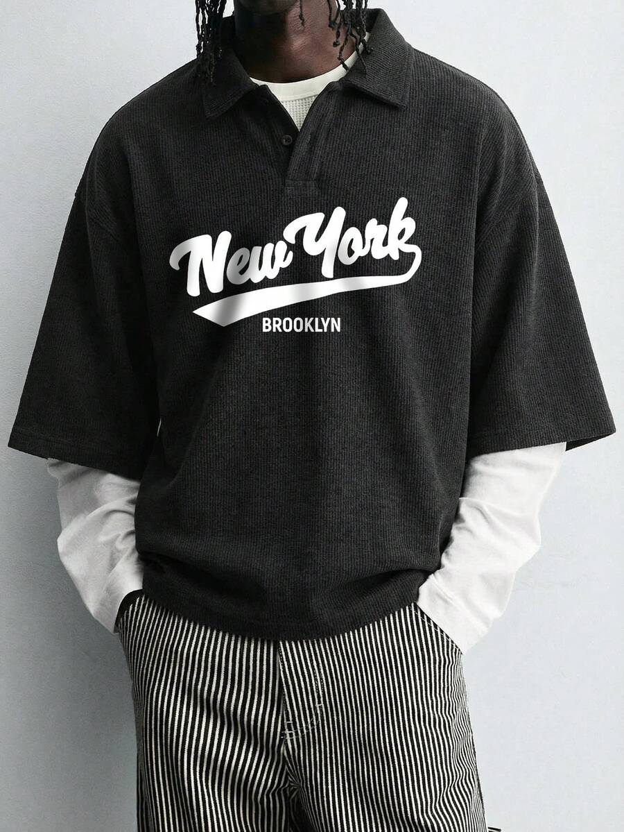 Men's Summer Letter Print Casual Loose Polo Shirt - Black - View 1