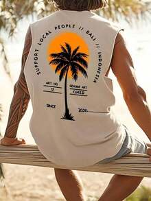 Lightweight And Breathable Men's T-Shirt - Sleeveless Tank Top With Orange Tropical Print (Local People Party), Breathable Fabric For Gym, Beach And Summer - Machine Washable Workout Clothes, Sports Shirts - 米色 - 查看 2
