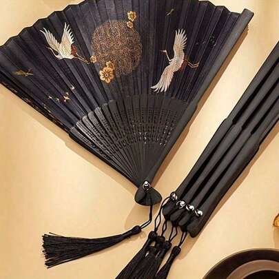 1 Elegant Handheld Folding Fan With Embroidered Crane And Tassel - Traditional Chinese Design, Perfect For Gifts And Party Decorations, Perfect For Valentine's Day, Thanksgiving, Mother's Day, Graduation Ceremonies, Cute Portable Fan