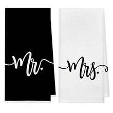 Mr And Mrs Gifts,Wedding Gifts For Couple Newlyweds,Honeymoon Gifts,Just Married Gifts,Bride And Groom Gifts,Mr And Mrs Hand Towels For Bathroom 16x24 Inch Set Of 2 (Black And White) - MrBlackWhite - 查看 2