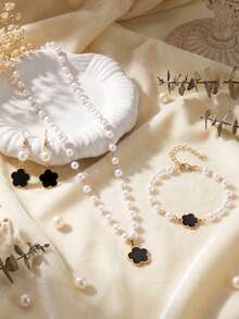 Juego de joyería elegante de 3 piezas con flor negra y perlas - Uso diario minimalista para la oficina - Negro - Ver 3