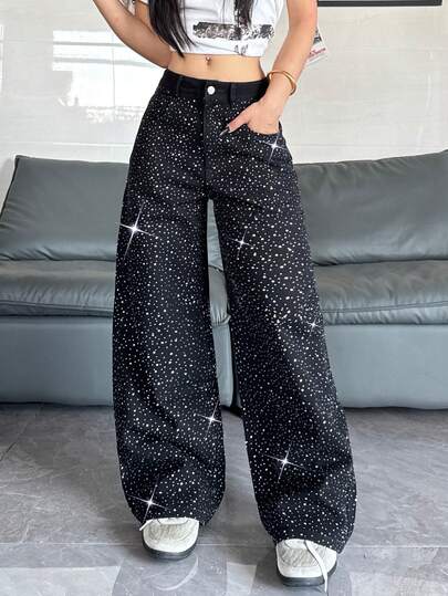 1pc Women's Fashionable Wide Leg Jeans With Rhinestone Star Decor, Loose & Comfortable High Street Casual Pants, All Season
