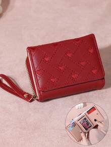 Wavhen Heart Embroidered Short Clutch Bag, Versatile Women's Lightweight Zipper Wallet, Tri-Fold Card Coin Purse Multi-Function Coin Pouch - Multicolor - View 12