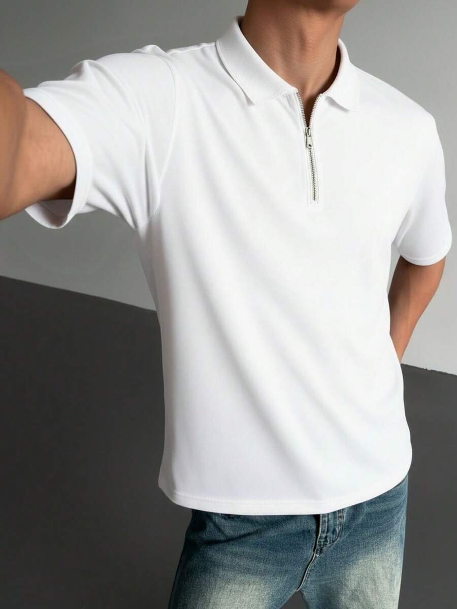 男士时尚拉链 Polo 衫短袖 T 恤，夏季 - 白色 - 查看 1